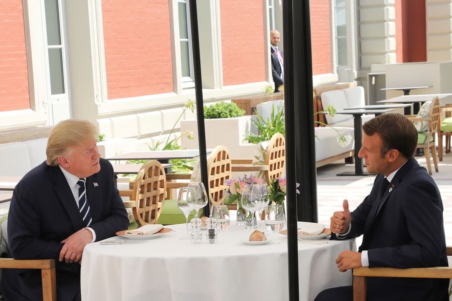 U.S. President Trump sits to lunch with French President Macron at Hotel du Palais in Biarritz