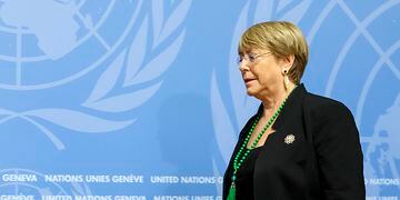 One year in office UN High Commissioner for Human Rights Chilean Michelle Bachelet speaks to the media