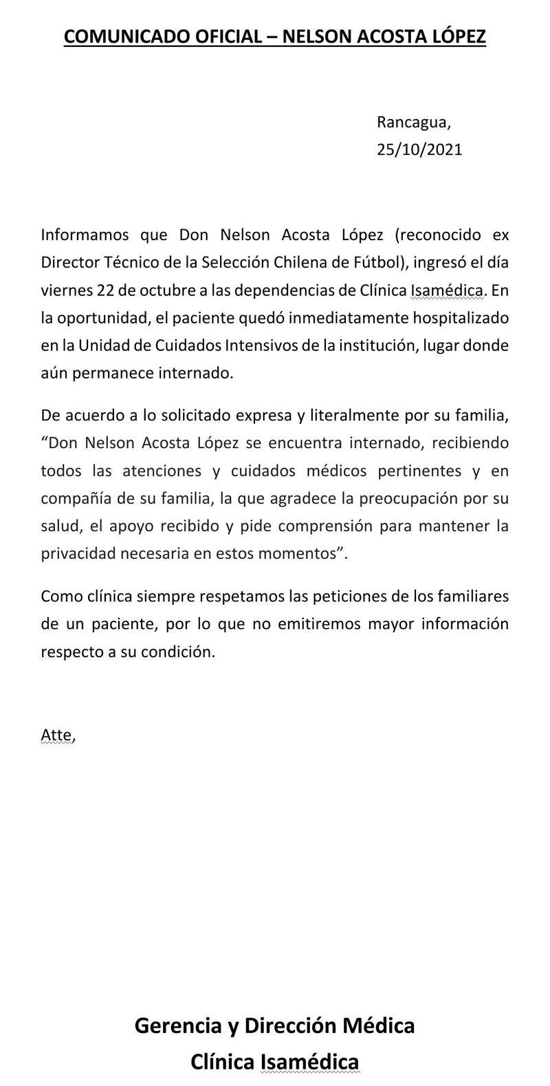 El comunicado de Isamédica por la situación de Nelson Acosta.