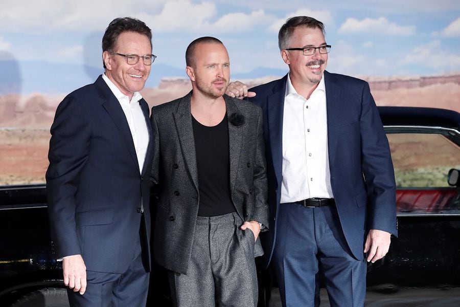 Cast member Paul, director Gilligan and actor Cranston pose at the premiere for "El Camino: A Breaking Bad Movie" in Los Angeles