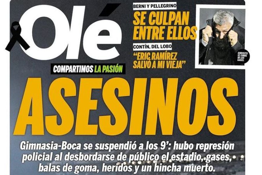 La portada del diario Olé tras los graves incidentes durante el duelo entre Gimnasia y Boca Juniors.