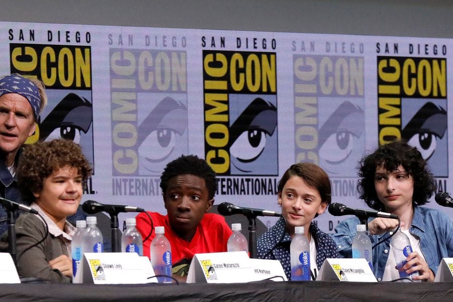 Cast members Modine, Matarazzo, McLaughlin, Schnapp, Wolfhard and Brown at a panel for "Stranger Things" during the 2017 Comic-Con International Convention in San Diego