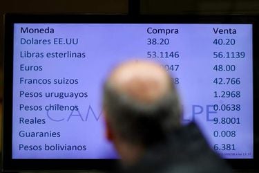 A man looks at a currency exchange board in Buenos Aires' financial district