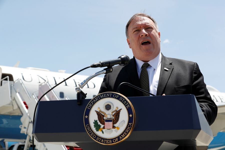U.S. Secretary of State Mike Pompeo speaks to the media at Joint Base Andrews, Maryland