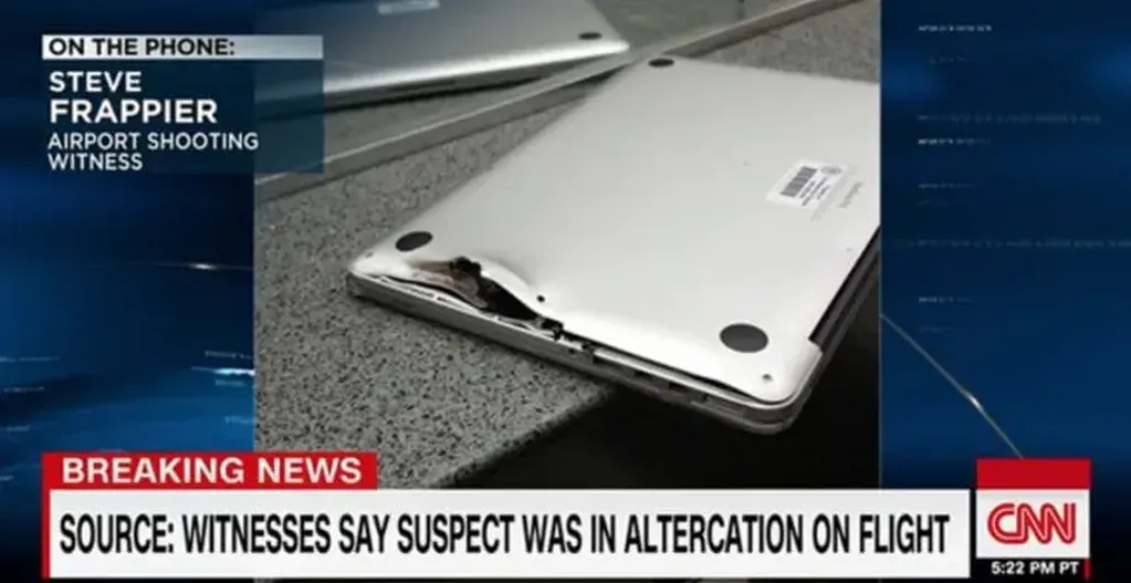 Así quedó el MacBook de Steve Frappier tras recibir el impacto de bala.