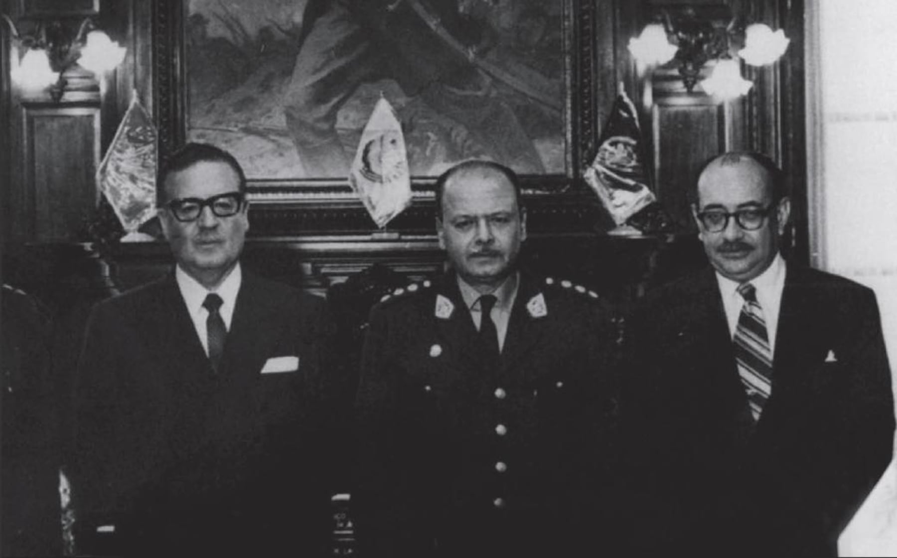 Salvador Allende, Juan Velasco Alvarado y Clodomiro Almeyda, en la visita oficial a Perú, de 1972.