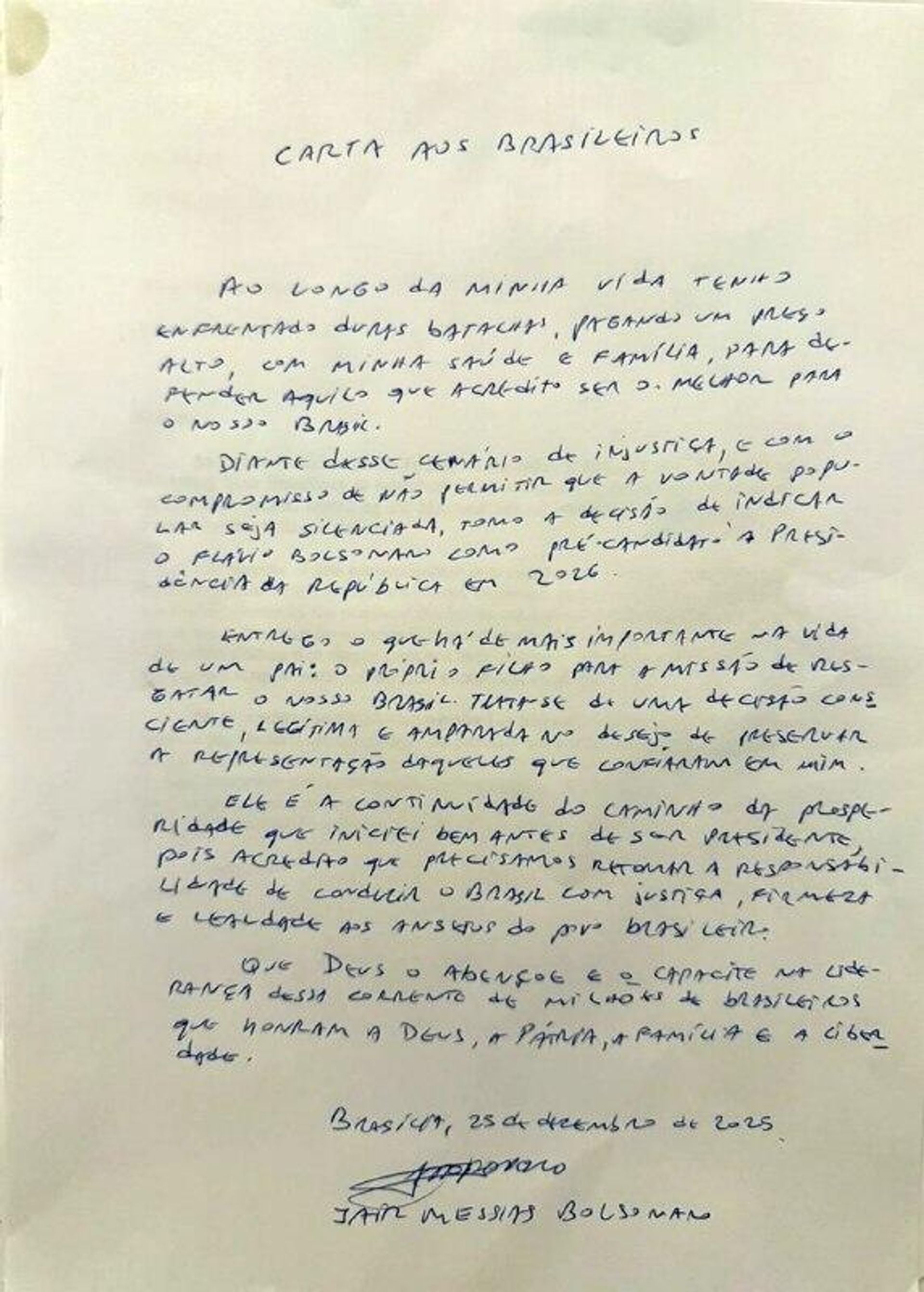 Carta del expresidente Jair Bolsonaro. Foto: Archivo