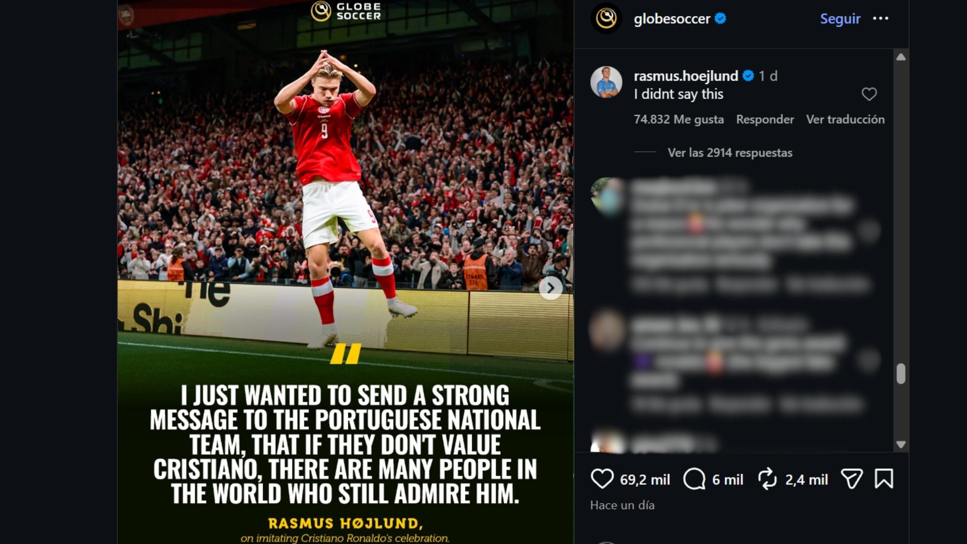 Rasmus Hojlund desmintió a los Globe Soccer Awards.
