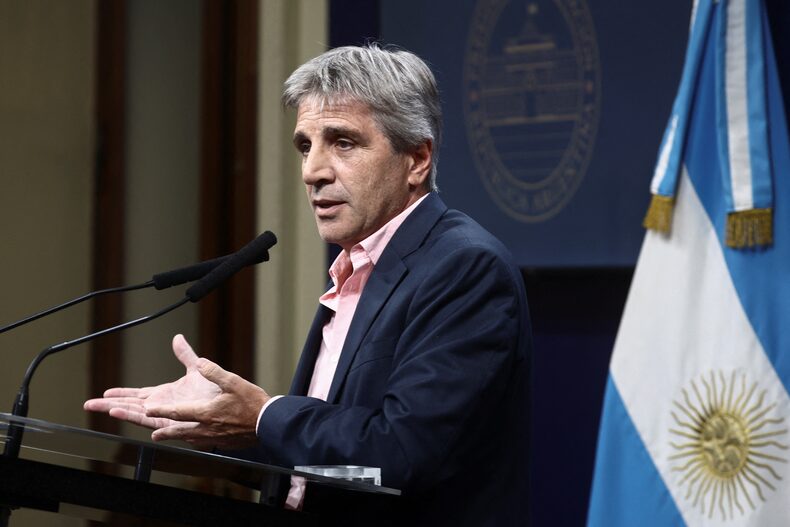 Argentina's Economy Minister Luis Caputo holds a press conference in Buenos Aires
