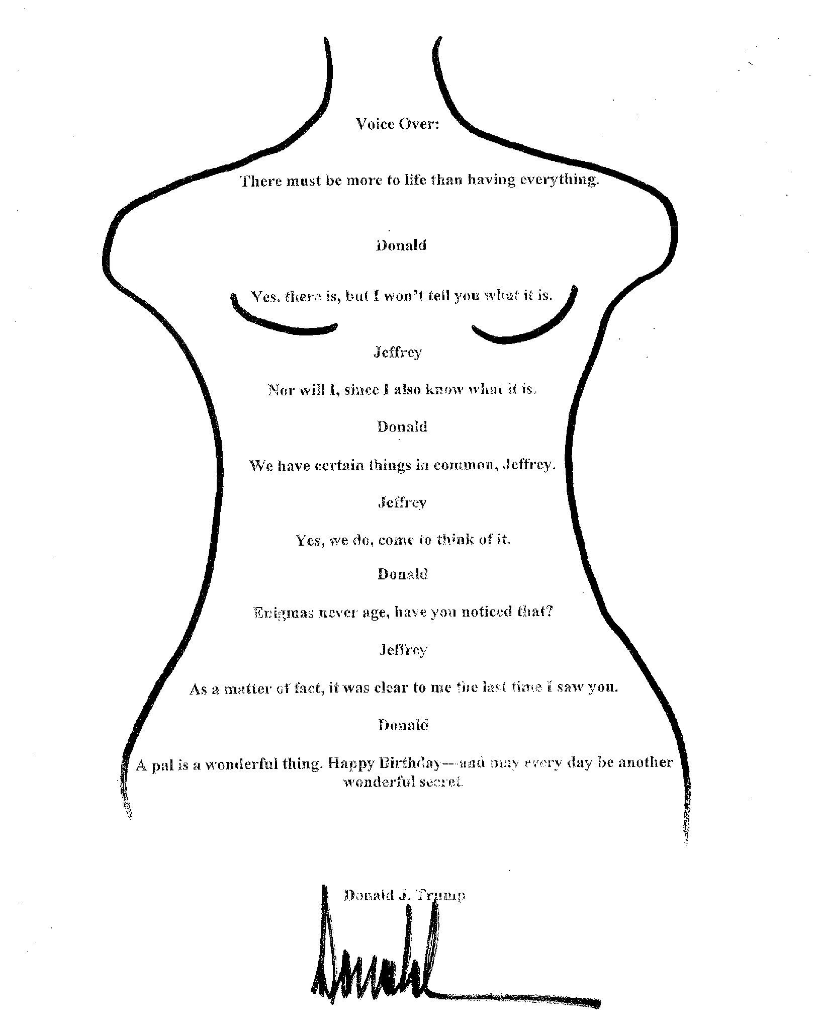 La supuesta tarjeta de cumpleaños que Trump le habría enviado a Epstein.