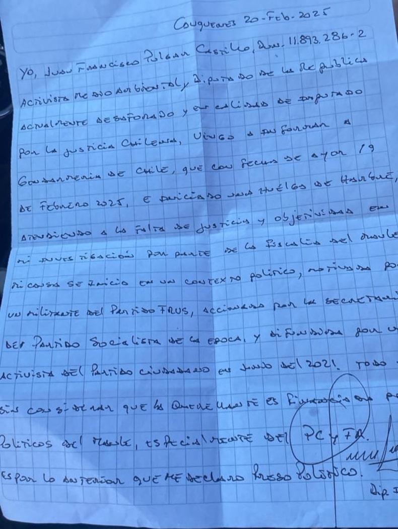 Carta de Francisco Pulgar a la que accedió La Tercera.