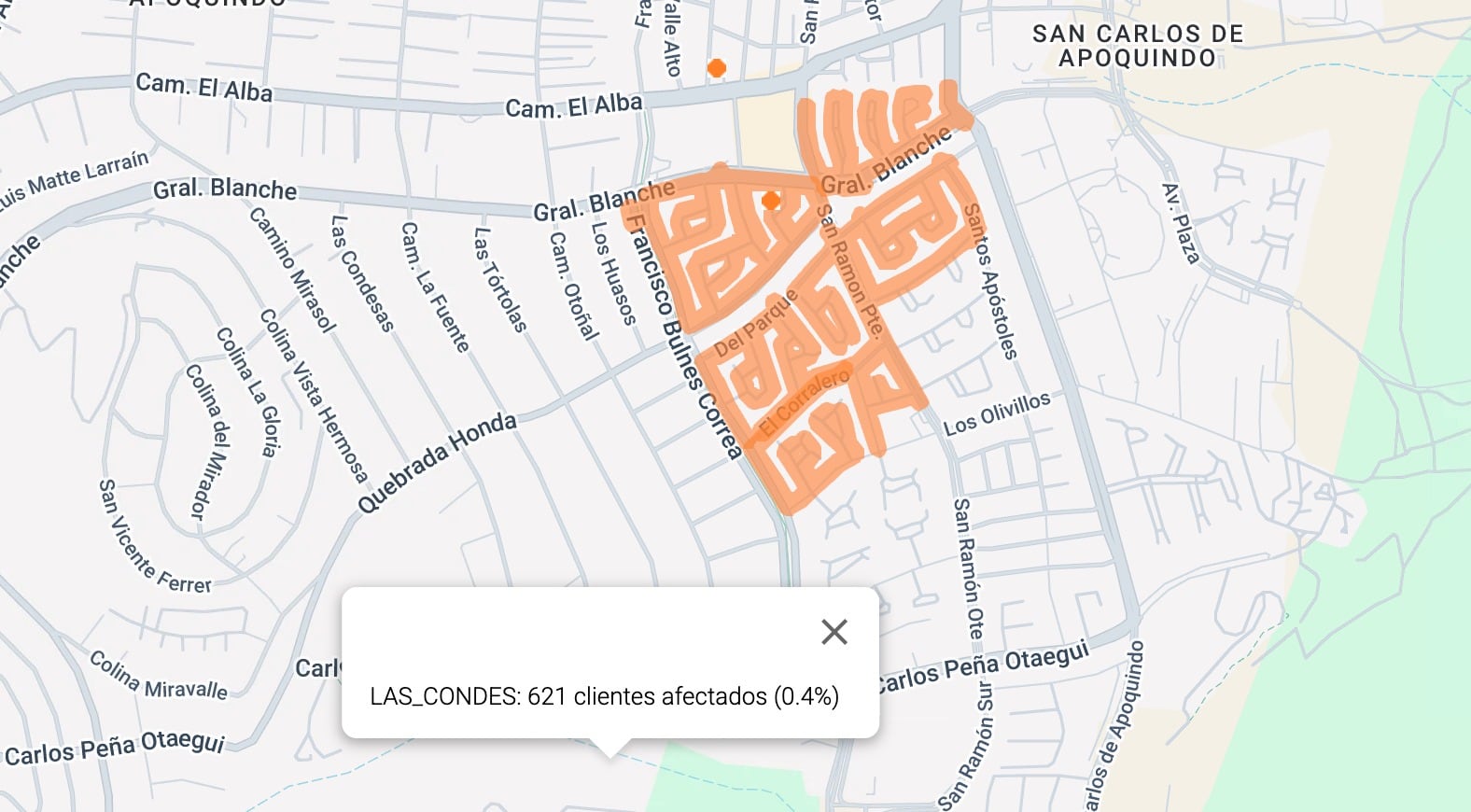Mapa de afectación en San Carlos de Apoquindo.