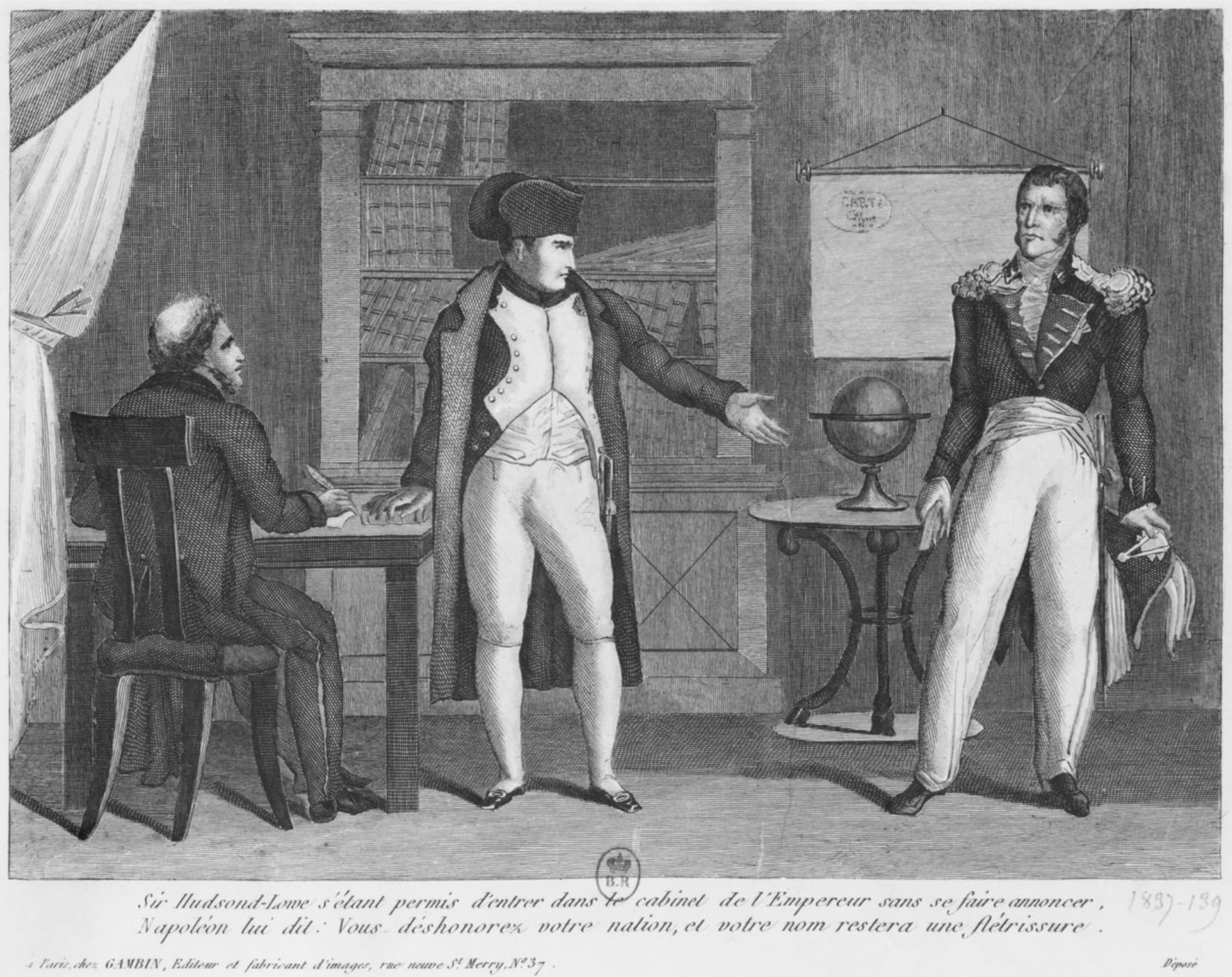 Sir Hudson Lowe entrando en el estudio de Napoleón I (1769-1821) en la isla de Santa Elena sin anunciarse. Grabado del siglo XIX.