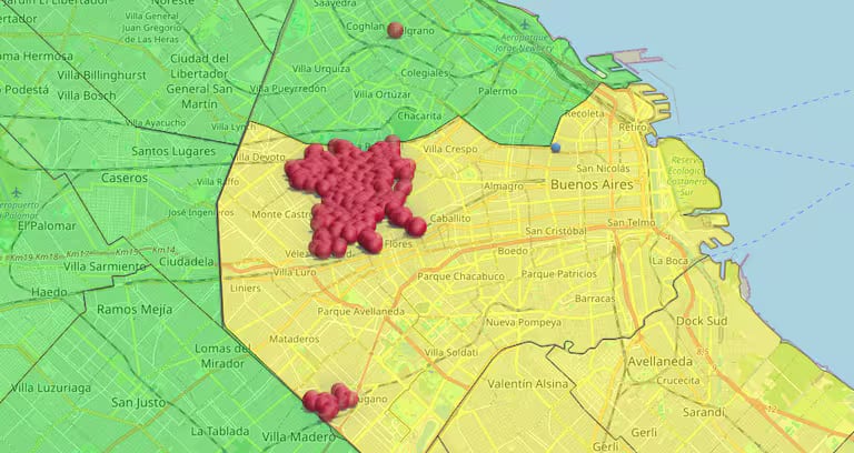 El Ente Nacional Regulador de la Electricidad (ENRE) publicó un mapa que mostraba la zona que pasada las 22:00 seguía afectada por el apagón. Foto: ENRE.