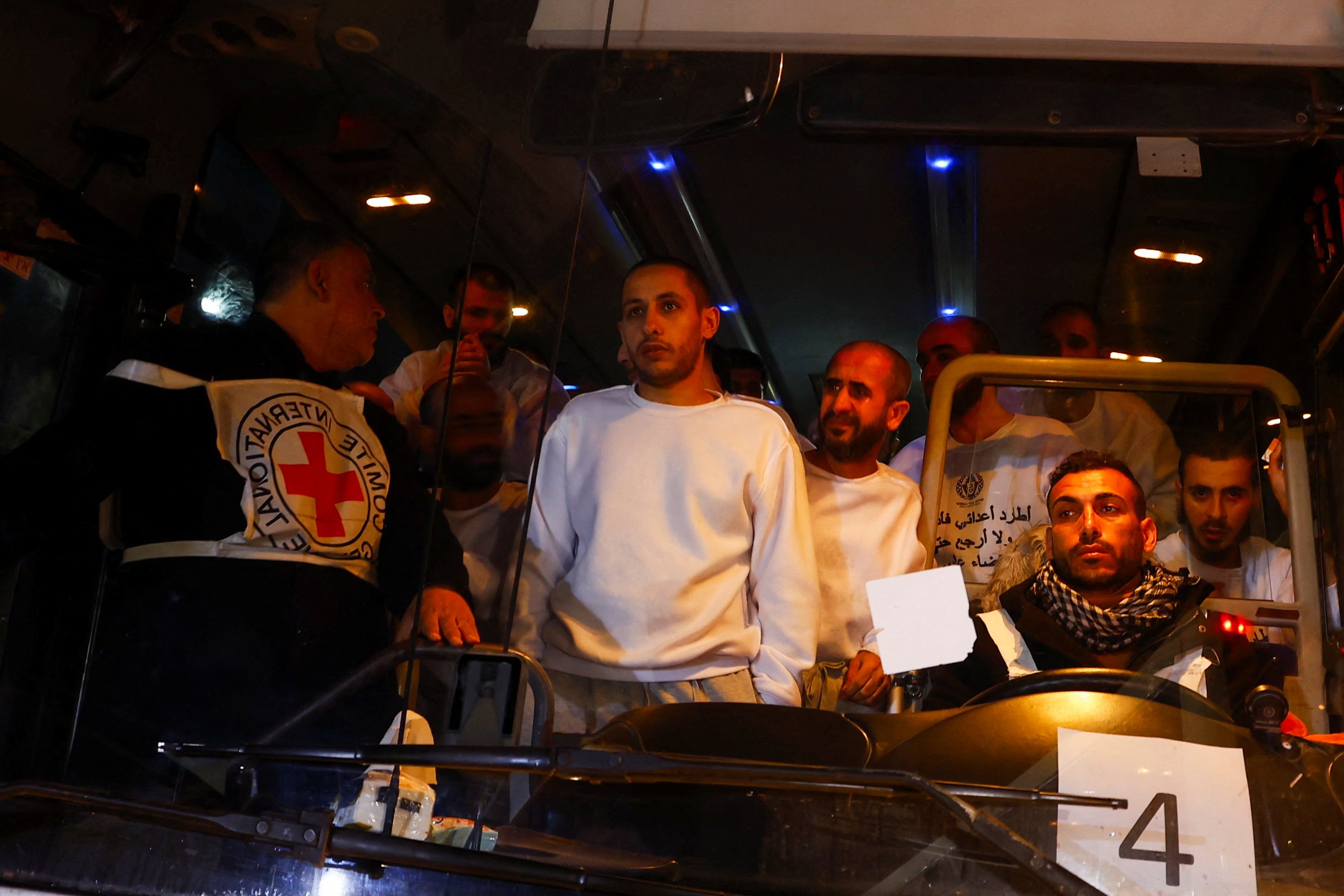 Freed Palestinian prisoners arrive in a bus after being released from an Israeli jail as part of a ceasefire and a hostages-prisoners swap deal between Hamas and Israel, in Khan Younis in the southern Gaza Strip, February 27, 2025. REUTERS/Hatem Khaled