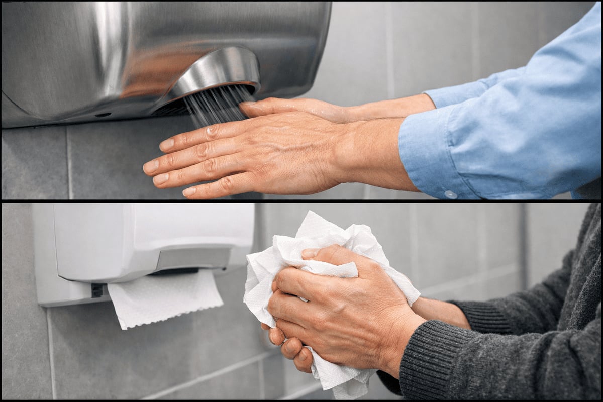 Baños públicos: ¿es más higiénico usar el secador de aire o las toallas desechables?