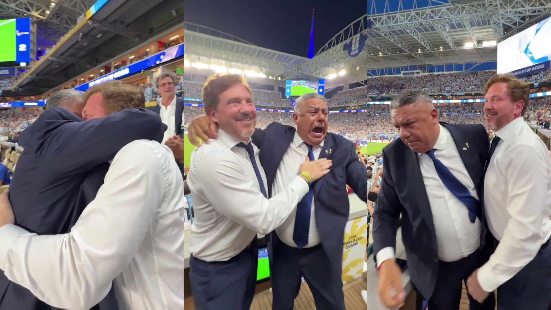 Un desahogo entre lágrimas: el abrazo de Chiqui Tapia y Alejandro Domínguez tras el gol de la clasificación de Argentina