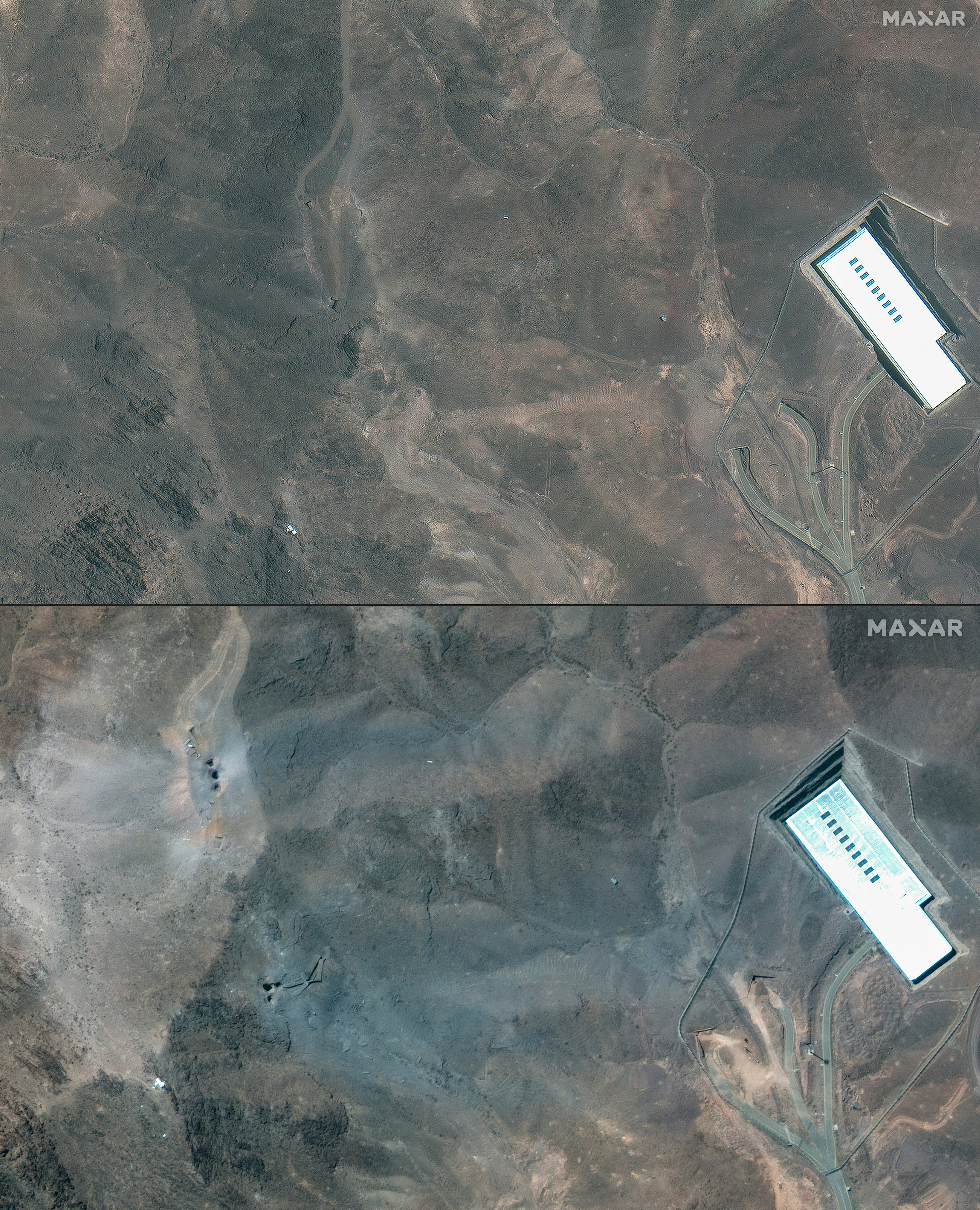Vista de la Planta de Enriquecimiento de Combustible Fordow de Irán, al noreste de la ciudad de Qom, el 19 de junio de 2025 (arriba), y tras los ataques estadounidenses en el lugar, el 22 de junio de 2025 (abajo). Foto: AFP