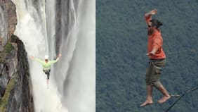 Nuevo Récord Guinness: cruzan cuerda floja sobre la cascada más alta del mundo