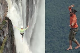 Nuevo Récord Guinness: cruzan cuerda floja sobre la cascada más alta del mundo