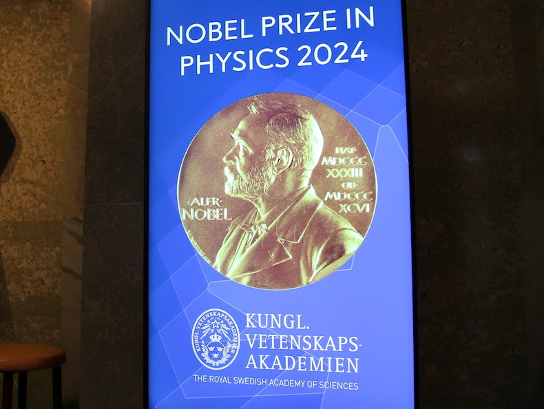 A view of the sign for the Nobel Prize in Physics in the Royal Swedish Academy of Sciences in Stockholm