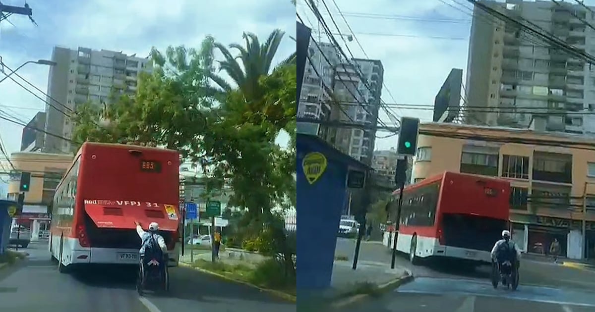 La temeraria maniobra de un joven en silla de ruedas: se colgó de un bus RED