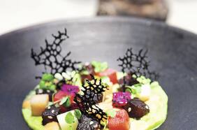 Atún marinado con frutas sobre emulsión de palta y salsa de chipotle