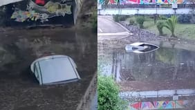 Vehículos terminan hundidos en paso bajo nivel inundado por la lluvia en Ñuñoa