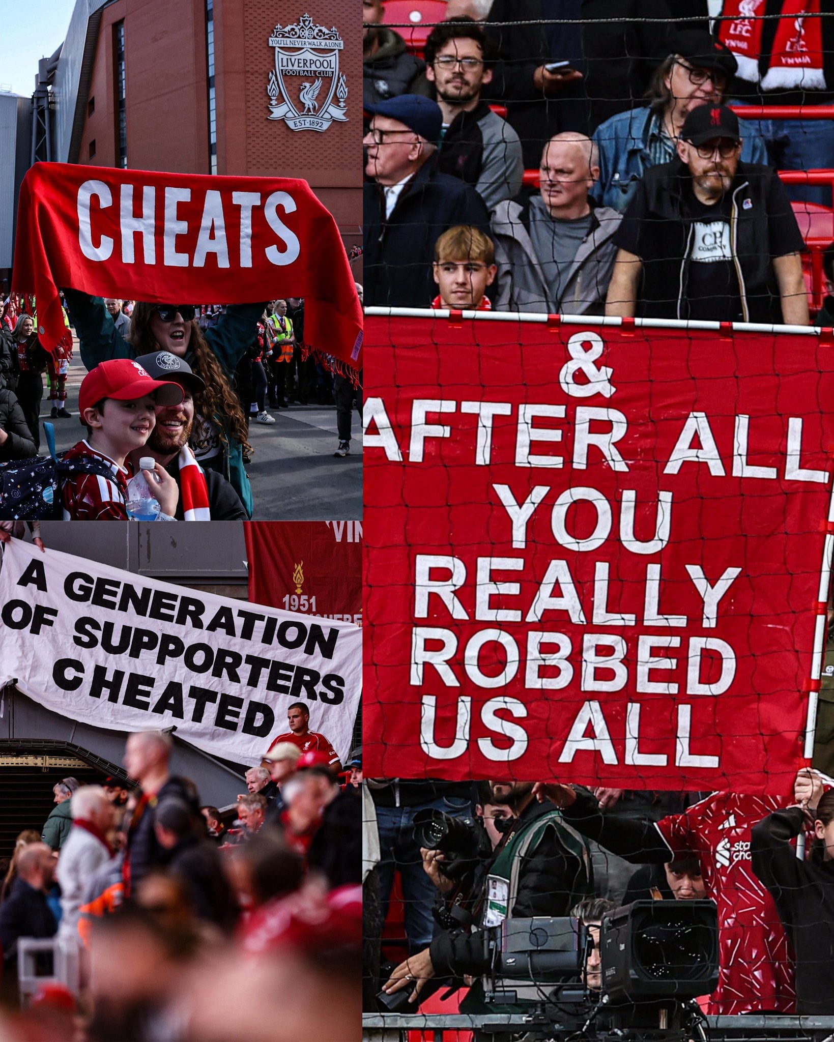 Las protestas de los hinchas del Liverpool a los cargos financieros que arrastra el Manchester City.