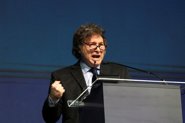 FILE PHOTO: Argentina's President Javier Milei speaks during the CPAC, in Balneario Camboriu