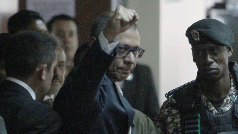 Ecuadorean Vice President Jorge Glas reacts as he arrives to court, to attend his trial on bribery from Brazilian construction company Odebrecht, in Quito