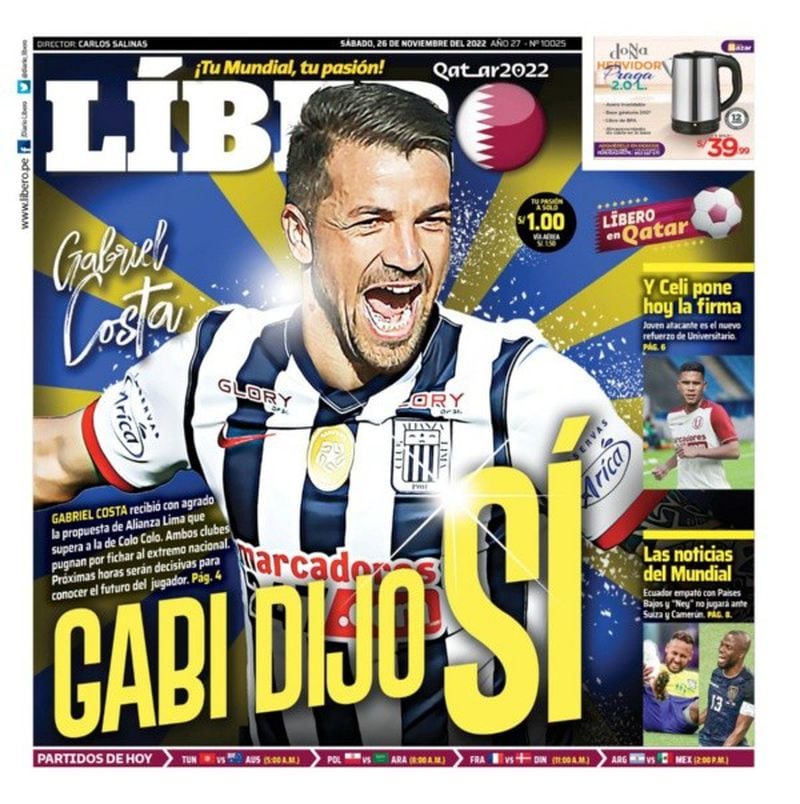 La portada que le dedica Líbero al retorno de Gabriel Costa al fútbol peruano.