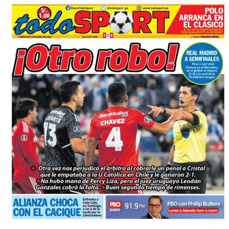 La portada de Todos Sport tras la derrota de Sporting Cristal en su visita a Chile por la Copa Libertadores.