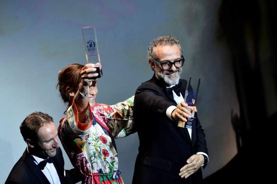 Massimo Bottura, the chef patron of Osteria Francescana restaurant in Italy, receives the award for Best Restaurant during the World's 50 Best Restaurants Awards at the Palacio Euskalduna in Bilbao