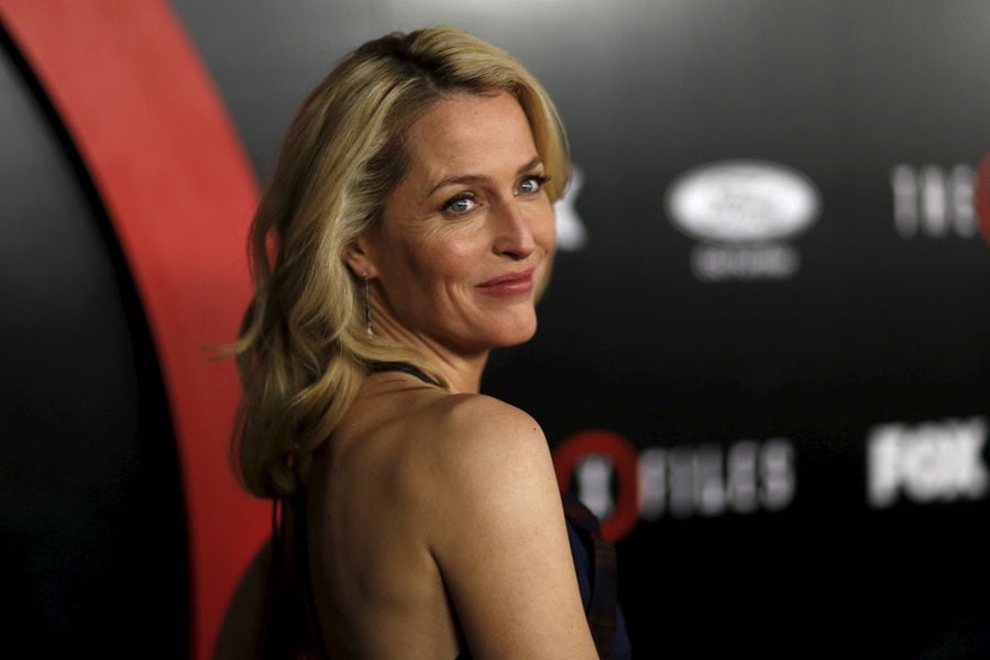 Cast member Gillian Anderson poses at a premiere for "The X-Files" at California Science Center in Los Angeles, California