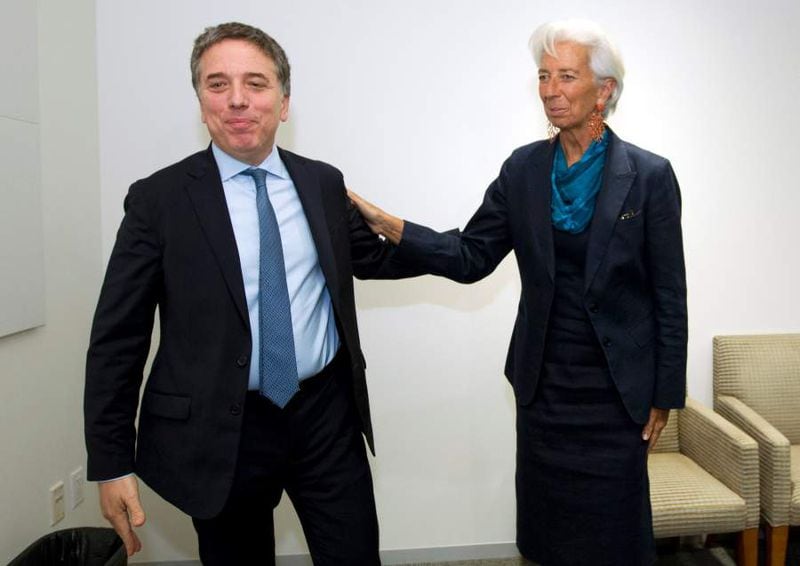 International Monetary Fund (IMF) Managing Director Lagarde greets Argentine Treasury Minister Dujovne at the IMF in Washington