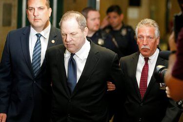 Film producer Harvey Weinstein is led handcuffed by police into his hearing at Manhattan Criminal Court