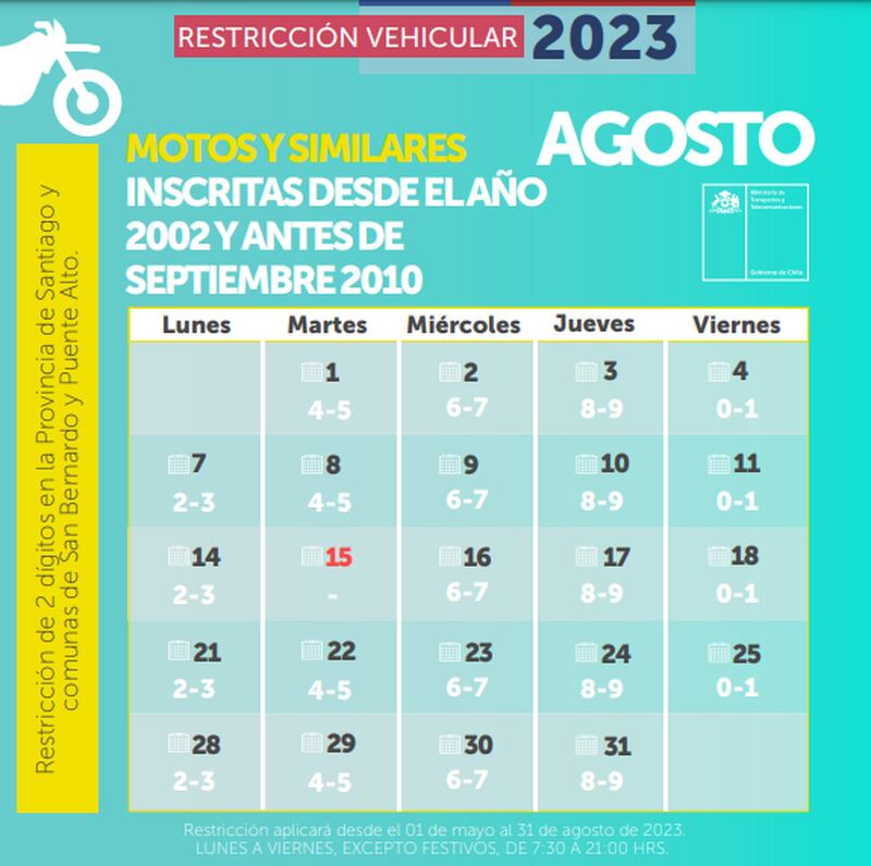 Restricción vehicular, lunes 14 de agosto: autos y motos que no pueden circular