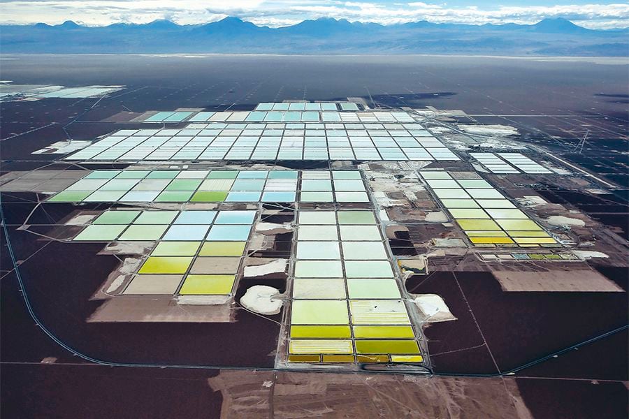An aerial view shows the brine pools and processing areas of the SQM lithium mine on the Atacama salt flat, in the Atacama desert of northern Chile